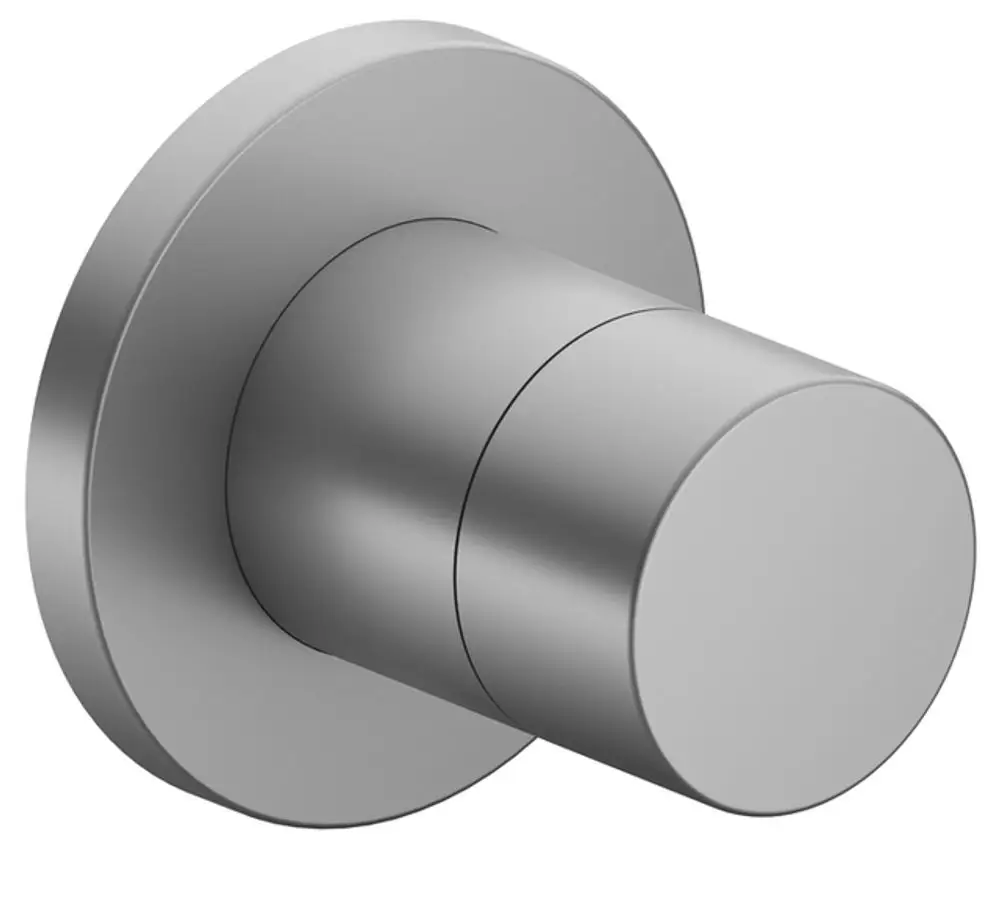 Rundes Umstellventil in Aluminium-Finish von Keuco, montiert an einer Wand, mit zwei Einstellungen zur Wasserumschaltung.